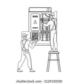 Electrical Engineering Cabinet Workers Black Line Pencil Drawing Vector. Men Engineers Research And Electrical Engineering Together, Checking Voltage And Electric Cables. Characters Maintenance