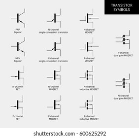 Electrical Engineering elements. Vector bipolar transistors construction and field effect transistors. Electronics circuit symbols. Graphic illustration of transistors. Datas heet.