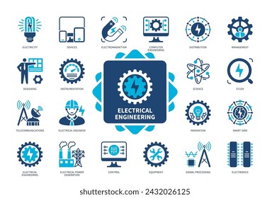 Electrical Engineering icon set. Electricity, Electromagnetism, Instrumentation, Design, Study, Electronics, Telecommunications, Science. Duotone color solid icons