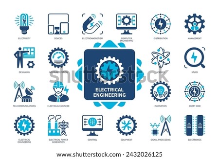 Electrical Engineering icon set. Electricity, Electromagnetism, Instrumentation, Design, Study, Electronics, Telecommunications, Science. Duotone color solid icons