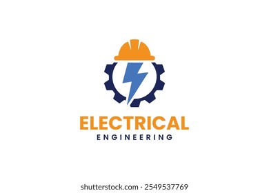 Logotipo de ingeniería eléctrica con el símbolo del sombrero duro del engranaje y del relámpago