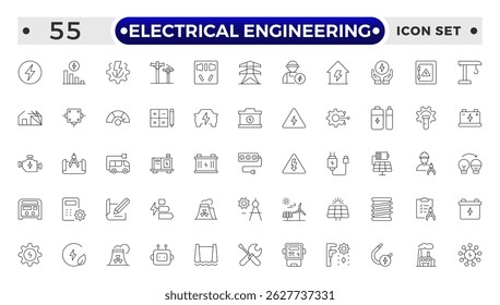 Electrical Engineering outline Icons set. Vector illustration in modern thin line style of technologies related icons: blueprint, engineer, manufacturing, and more.
