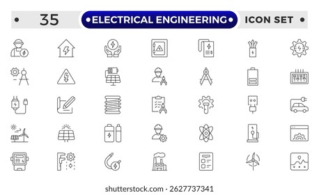 Conjunto de ícones de contorno de Engenharia Elétrica. Ilustração vetorial no estilo de linha fina moderna de tecnologias relacionadas ícones: projeto, engenheiro, fabricação e muito mais.
