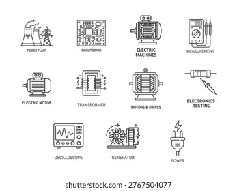 Electrical engineering and power technology line icons set featuring power plant, circuit board, electric motor, transformer, generator, oscilloscope and measurement tools. Includes electronics testing equipment, motors and drives, and industrial energy systems. Clean outline vector icons isolated on light background, ideal for engineering, industry, education and technical UI design.