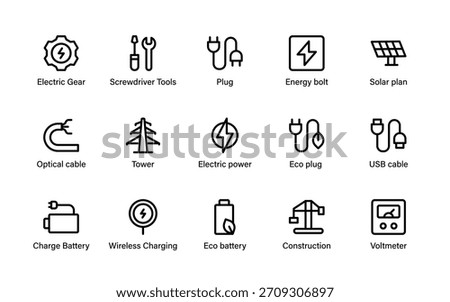 Electrical equipment icons. Display power systems, charging units, energy elements, wiring components, utilities, and renewable features