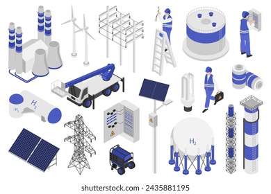 Equipo eléctrico elementos isométricos constructor mega set. Kit creador con electricistas gráficos planos, fábrica, paneles solares, líneas eléctricas, turbinas eólicas. Ilustración vectorial en diseño de isometría 3d