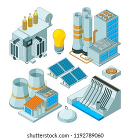 Electrical equipment. Watt electricity lighting generators vector isometric pictures isolated. Energy equipment, electricity power station illustration