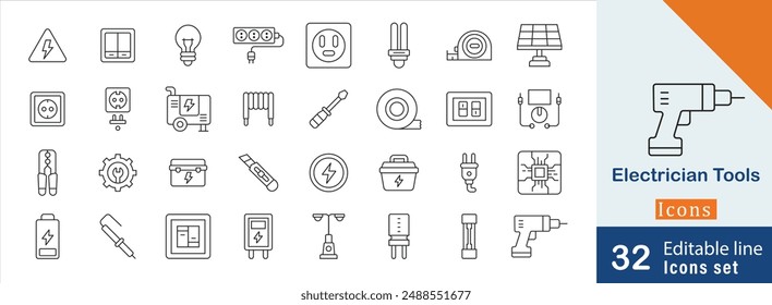 Iconos eléctricos del vector de Essentials que contienen la caja eléctrica, los Clips del cable, el destornillador, el taladro eléctrico, el panel eléctrico y más iconos. Icono de trazo editable de operaciones y reparaciones