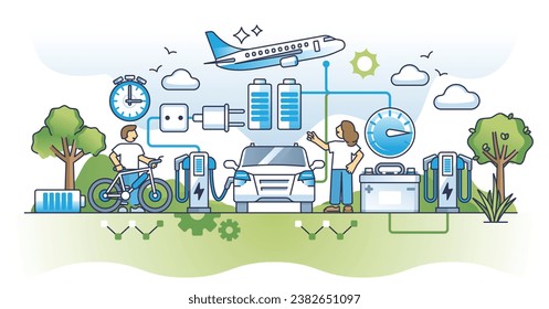 Evolución eléctrica en el transporte con el concepto de contorno de energía eléctrica. Uso de energía moderna, sostenible y respetuosa con la naturaleza para la exposición personal a la radiación ambiental, la aviación y la logística ecológica de ilustración vectorial.