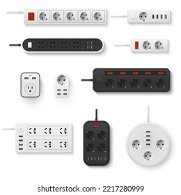 Electrical extension cord and adapter set realistic vector illustration. Electricity appliance device electric connection. Energy plug technician system multiple switch cable charger with power socket