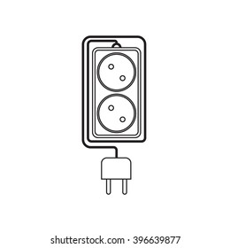 Electrical extension cord in a modern linear style. Electric surge protector icon, electric extension cable icon, electrical plug and electrical outlet. Two electrical outlet. Schematic image. Vector