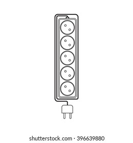 Electrical extension cord in a modern linear style. Electric surge protector icon, electric extension cable icon, electrical plug and electrical outlet. Five electrical outlets. Schematic image