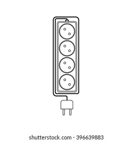 Electrical extension cord in a modern linear style. Electric surge protector icon, electric extension cable icon, electrical plug and electrical outlet. Four electrical outlets. Schematic image.