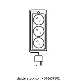 Electrical extension cord in a modern linear style. Electric surge protector icon, electric extension cable icon, electrical plug and electrical outlet. Three electrical sockets. Schematic image