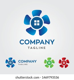 Electrical fan, ventilator, wind turbine with house concept vector illustration logo