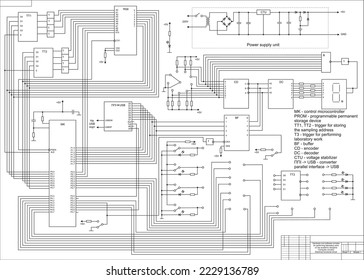 Electrical functional diagram. Vector large drawing on white 
paper of a complex electrical circuit of an electronic device.
Graduation project. Scheme 2.
