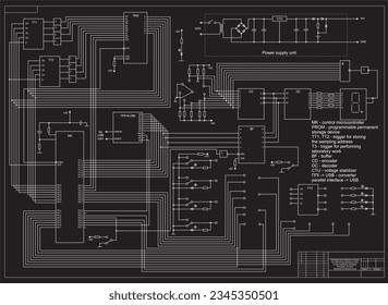 Electrical functional schematic diagram. Vector large drawing on black background of a complex electrical circuit of an electronic device. Graduation project. Scheme 2.