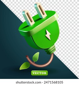 Electrical green energy plug with plant wires, 3d vector. Suitable for design elements