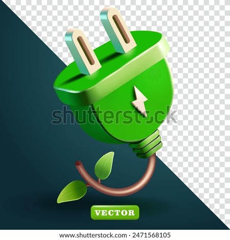Electrical green energy plug with plant wires, 3d vector. Suitable for design elements