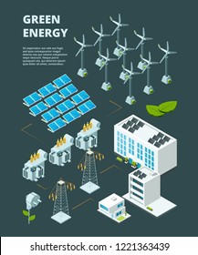 Electrical Green Power Station. Electric Powerhouse Energy Grid Distribution Industrial City Isometric Vector 3d Concept. Illustration Of Station Electricity, Energy Power Green