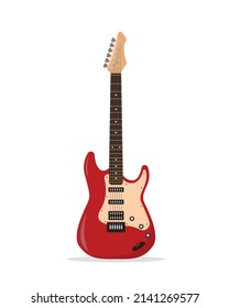 Icono de guitarra eléctrica. Equipo de música rock. guitarra de instrumentos musicales de cuerda roja con seis cuerdas aisladas en fondo blanco. Ilustración vectorial en estilo plano o caricatura.