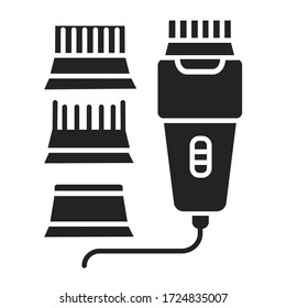 Electrical hair clipper black glyph icon. Professional device for salon and home use. Barbershop service. Pictogram for web page, promo. UI UX GUI design element.