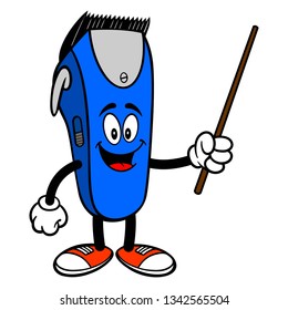 Electrical Hair Clipper Mascot with a Pointer - A vector cartoon illustration of a barber shop electrical hair clipper mascot holding a Pointer stick.