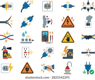 Electrical Hazard Icon Set – Vector Icons for Sparking Plugs, High Voltage, Short Circuit and Power Safety Warnings