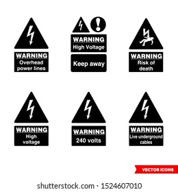 Electrical hazard signs icon set of black and white types. Isolated vector sign symbols. Icon pack.