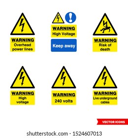 Electrical hazard signs icon set of color types. Isolated vector sign symbols. Icon pack.