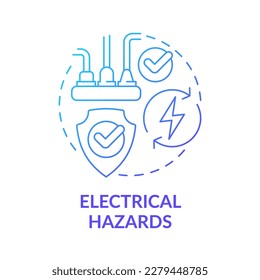 Icono de concepto de gradiente azul de peligros eléctricos. Seguridad en el espacio de trabajo y en el equipamiento. Manera de evitar accidentes comunes abstractos idea de la ilustración de línea delgada. Dibujo de contorno aislado. Se usa una fuente Myriad Pro-Bold