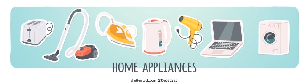 Electrical home appliance sticker set. Electronic laptop computer, washing machine, vacuum cleaner, iron, kettle, toaster domestic kitchen equipment. Household collection flat vector illustration