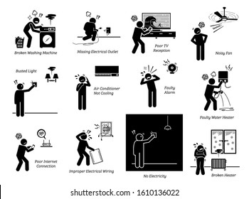 Electrical home appliances problems at house stick figure pictogram icons. Vector illustrations depict broken, defective, spoil, problematic, and issue with electrical home appliances.