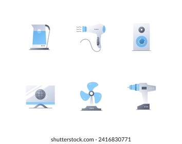 Aparatos electrodomésticos - conjunto de iconos de diseño plano. Imágenes coloridas de alta calidad de termoposición, secador de pelo, altavoz de música, monitor con acceso a Internet, ventilador, taladro. Confortable idea de vida
