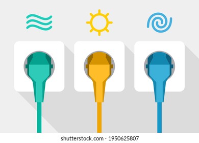 Electrical household appliances are plugged to outlets, with symbols of water, sun and wind. Concept of using of renewable energy and efficient electricity, green energy