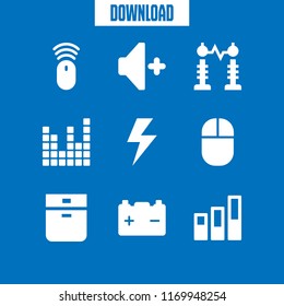 electrical icon. 9 electrical vector set. sound bars, electricity, battery and volume up icons for web and design about electrical theme