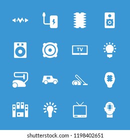 Electrical icon. collection of 16 electrical filled icons such as speaker, tv, cpu, light bulb, cpu in head, vacuum cleaner. editable electrical icons for web and mobile.