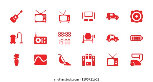 Electrical icon. collection of 18 electrical filled icons such as tv, battery, fluorescent lamp, tv set, digital time. editable electrical icons for web and mobile.