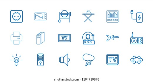 Electrical icon. collection of 18 electrical outline icons such as cpu, concrete mixer, guitar, bulb, radio, tv, plug socket. editable electrical icons for web and mobile.