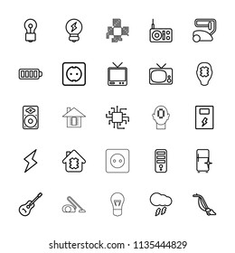 Electrical icon. collection of 25 electrical outline icons such as vacuum cleaner, clean fridge, cpu, bulb, cpu in house. editable electrical icons for web and mobile.