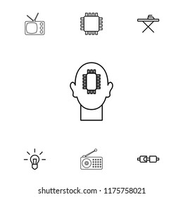 Electrical icon. collection of 7 electrical outline icons such as ironing table, bulb, plug in power socket, cpu, cpu in head. editable electrical icons for web and mobile.