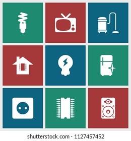Electrical icon. collection of 9 electrical filled icons such as plug socket, clean fridge, loudspeaker, fluorescent lamp, bulb. editable electrical icons for web and mobile.