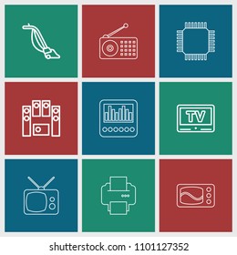 Electrical icon. collection of 9 electrical outline icons such as vacuum cleaner, loud speaker set, tv, printer, cpu. editable electrical icons for web and mobile.
