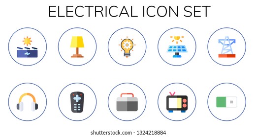 electrical icon set. 10 flat electrical icons.  Collection Of - solar energy, headphones, lamp, remote control, innovation, fridge, solar panel, television, power line, switch