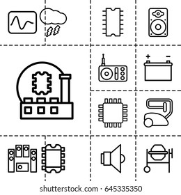 Electrical icon. set of 13 outline electricalicons such as vacuum cleaner, concrete mixer, radio, loud speaker set, loudspeaker, cpu, lamp, thunderstorm, battery, cpu