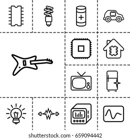 Electrical icon. set of 13 outline electricalicons such as clean fridge, battery, loud speaker with equalizer, cpu, fluorescent lamp, bulb, cpu, electricity, guitar