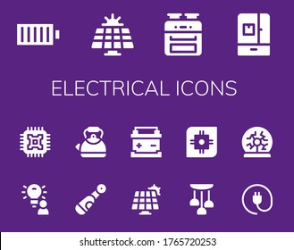 electrical icon set. 14 filled electrical icons.  Simple modern icons such as: Full battery, Solar panel, Oven, Fridge, Idea, Cpu, Electric, Kettle, Battery, Lamp, Plug, Plasma ball