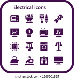  electrical icon set. 16 filled electrical icons. Simple modern icons about  - Microwave, Oven, Components, Stem, Television, Lightbulb, Tv, Microchip, Lamp, Washing machine, Kettle