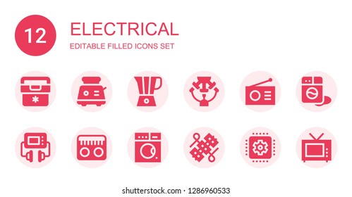 electrical icon set. Collection of 12 filled electrical icons included Fridge, Toaster, Blender, Machine, Radio, Defibrillator, Washing machine, Wires, Cpu, Television