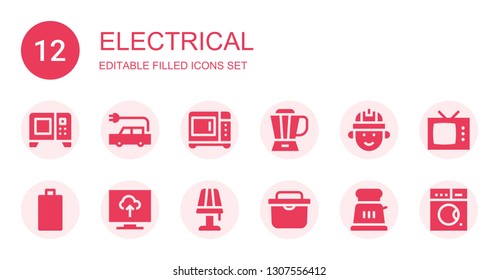 electrical icon set. Collection of 12 filled electrical icons included Microwave, Electric car, Blender, Engineering, Empty battery, Television, Lamp, Fridge, Toaster, Washing machine